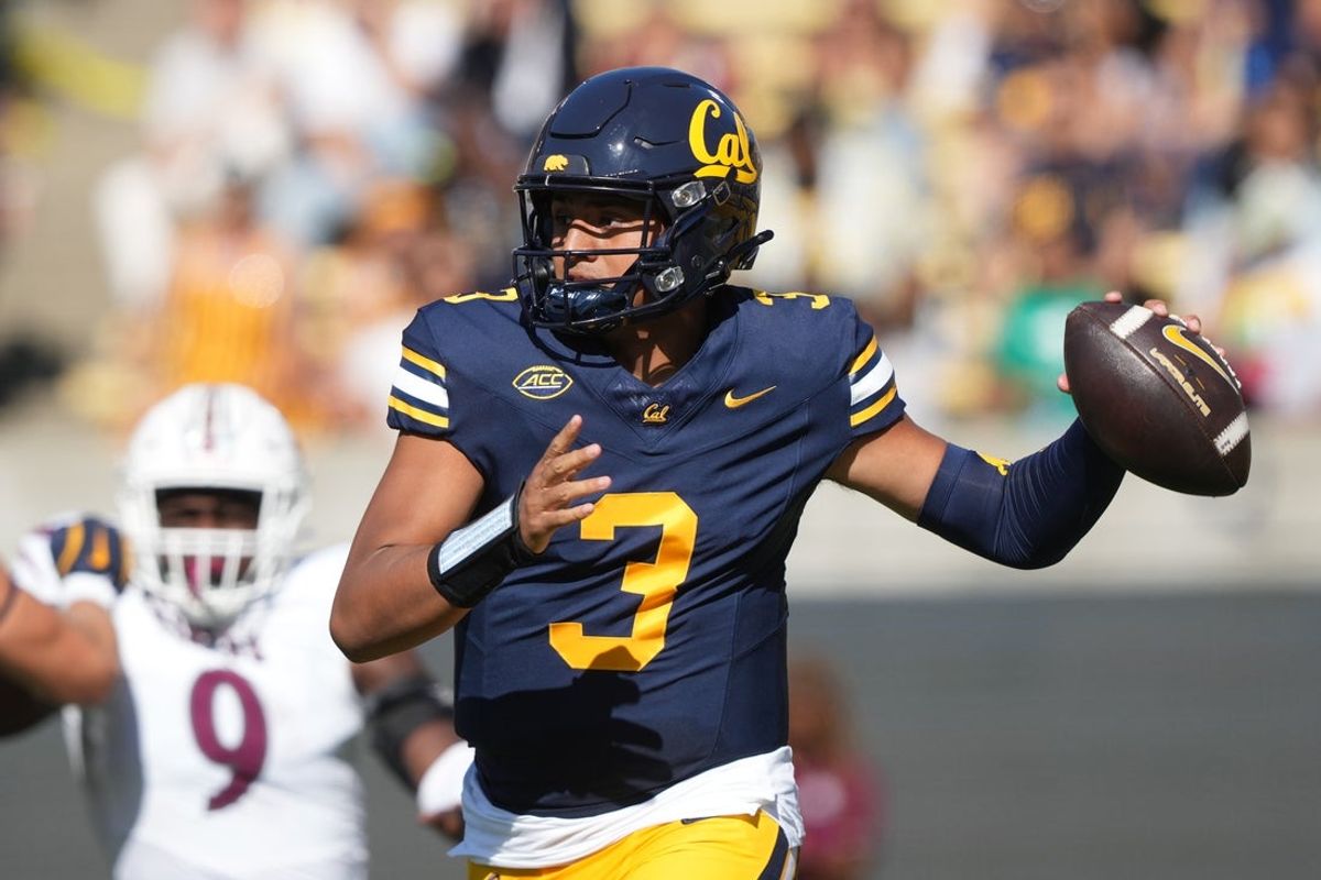 Sep 6, 2025; Berkeley, California, USA; California Golden Bears quarterback Jaron-Keawe Sagapolutele (3) throws a pass against the Texas Southern Tigers during the second quarter at California Memorial Stadium. Mandatory Credit: Darren Yamashita-Imagn Images