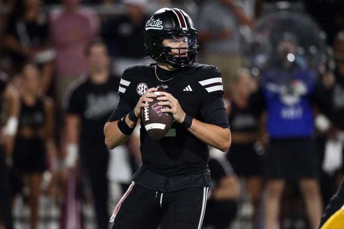 Sep 6, 2025; Starkville, Mississippi, USA; Mississippi State Bulldogs quarterback Blake Shapen (2) drops back to pass during the second quarter against the Arizona State Sun Devils at Davis Wade Stadium at Scott Field. Mandatory Credit: Petre Thomas-Imagn Images