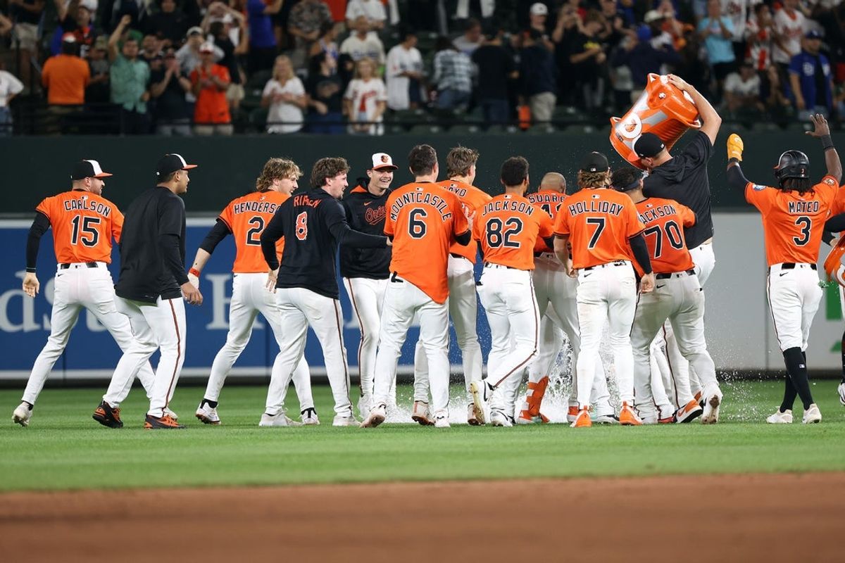 Sep 6, 2025; Baltimore, Maryland, USA; Baltimore Orioles players celebrate after a game against the Los Angeles Dodgers at Oriole Park at Camden Yards. Mandatory Credit: Daniel Kucin Jr.-Imagn Images