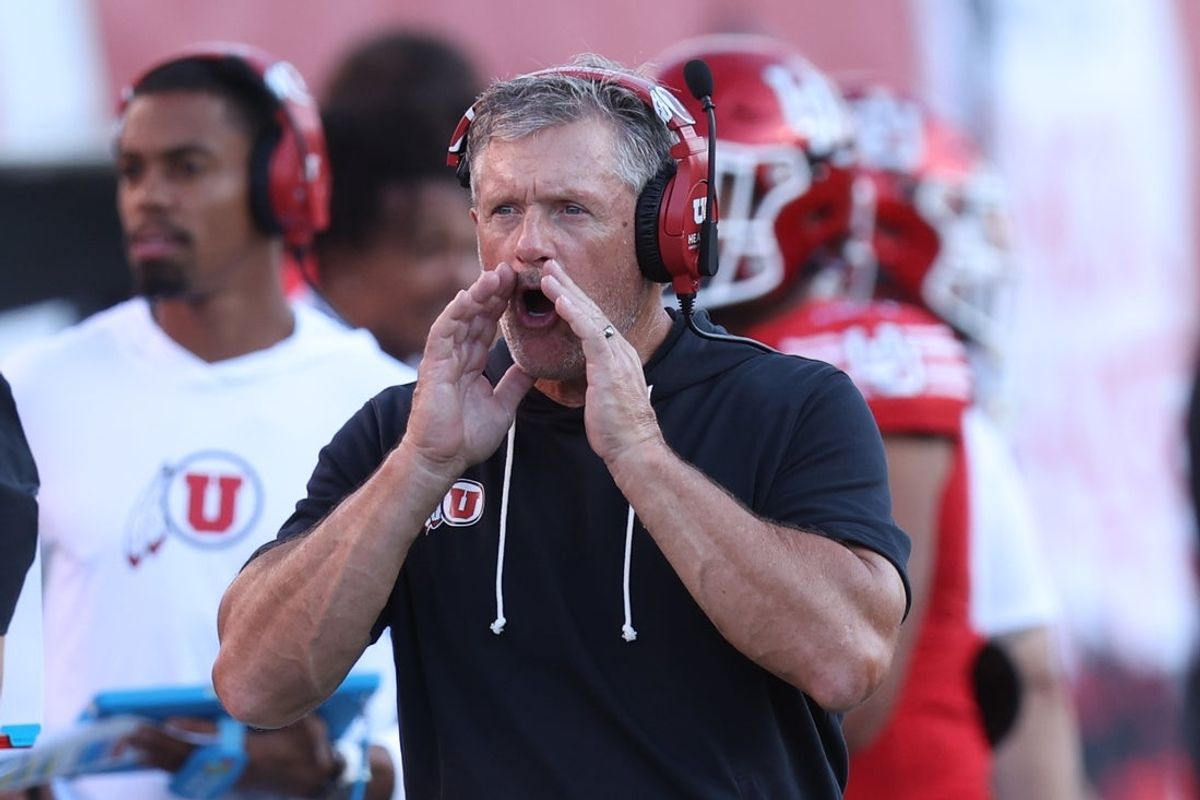 Sep 6, 2025; Salt Lake City, Utah, USA; Utah Utes head coach Kyle Whittingham reacts to a play against the Cal Poly Mustangs during the second half at Rice-Eccles Stadium. Mandatory Credit: Rob Gray-Imagn Images