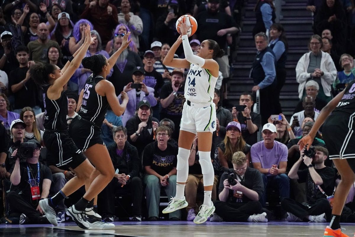 Sep 6, 2025; San Francisco, California, USA;  Minnesota Lynx forward Napheesa Collier (24) makes a jumpshot in the final minutes of the fourth quarter against Golden State Valkyries forward Janelle Salaun (13) and forward Monique Billings (25) at Chase Center. Mandatory Credit: David Gonzales-Imagn Images