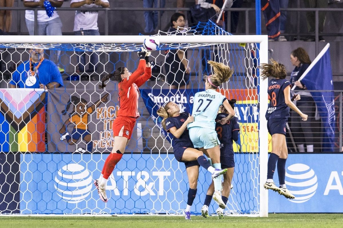 Sep 6, 2025; San Jose, California, USA;  a29 punches the ball clear after a shot by a Kansas City Current player during the first half at PayPal Park. Mandatory Credit: John Hefti-Imagn Images