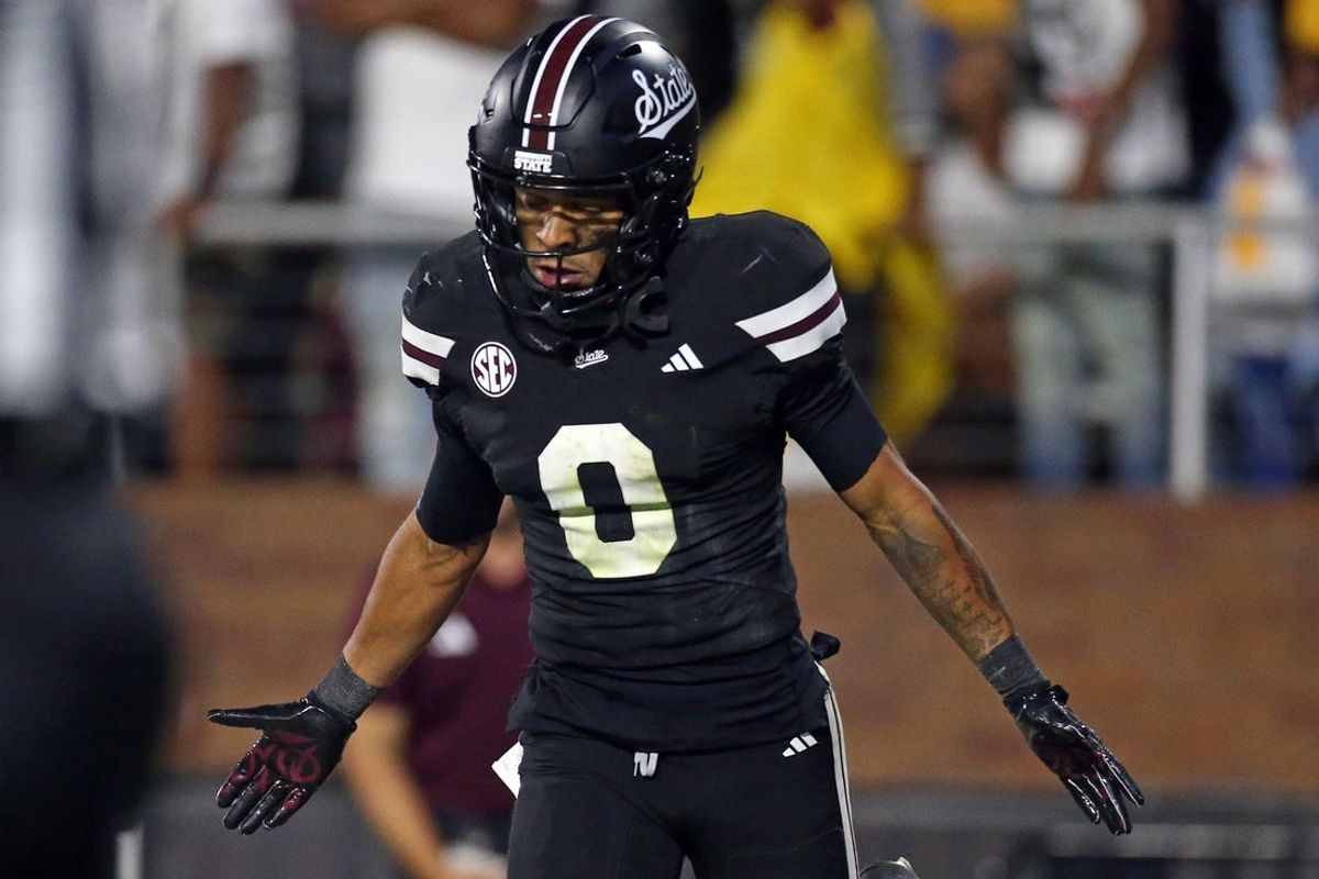 Sep 6, 2025; Starkville, Mississippi, USA; Mississippi State Bulldogs wide receiver Brenen Thompson (0) reacts after a touchdown during the fourth quarter against the Arizona State Sun Devils at Davis Wade Stadium at Scott Field. Mandatory Credit: Petre Thomas-Imagn Images