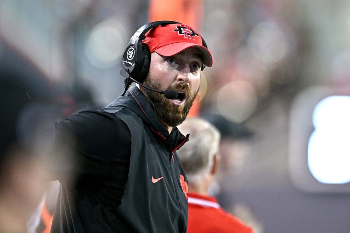 Sep 6, 2025; Pullman, Washington, USA; San Diego State Aztecs head coach Sean Lewis looks on during a game against the Washington State Cougars in the first half at Gesa Field at Martin Stadium. Mandatory Credit: James Snook-Imagn Images
