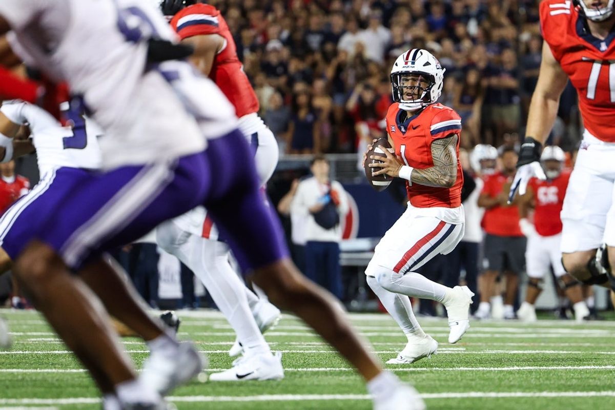 Sep 6, 2025; Tucson, Arizona, USA; Arizona Wildcats quarterback Noah Fifita (1) looks to pass the ball during the second quarter of the game against the Weber State Wildcats at Arizona Stadium. Mandatory Credit: Aryanna Frank-Imagn Images
