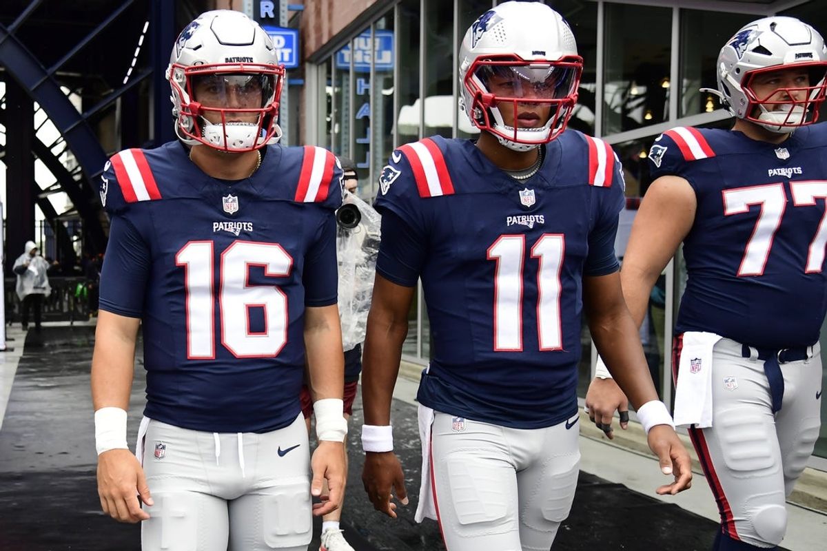 Sep 7, 2025; Foxborough, Massachusetts, USA; New England Patriots quarterback Tommy DeVito (16) and  quarterback Joshua Dobbs (11) takes the field before the game against the Las Vegas Raiders at Gillette Stadium. Mandatory Credit: Bob DeChiara-Imagn Images