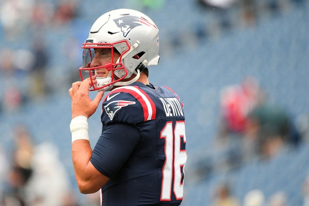 Sep 7, 2025; Foxborough, Massachusetts, USA; New England Patriots quarterback Tommy DeVito (16) practices before the game against the Las Vegas Raiders at Gillette Stadium. Mandatory Credit: Bob DeChiara-Imagn Images