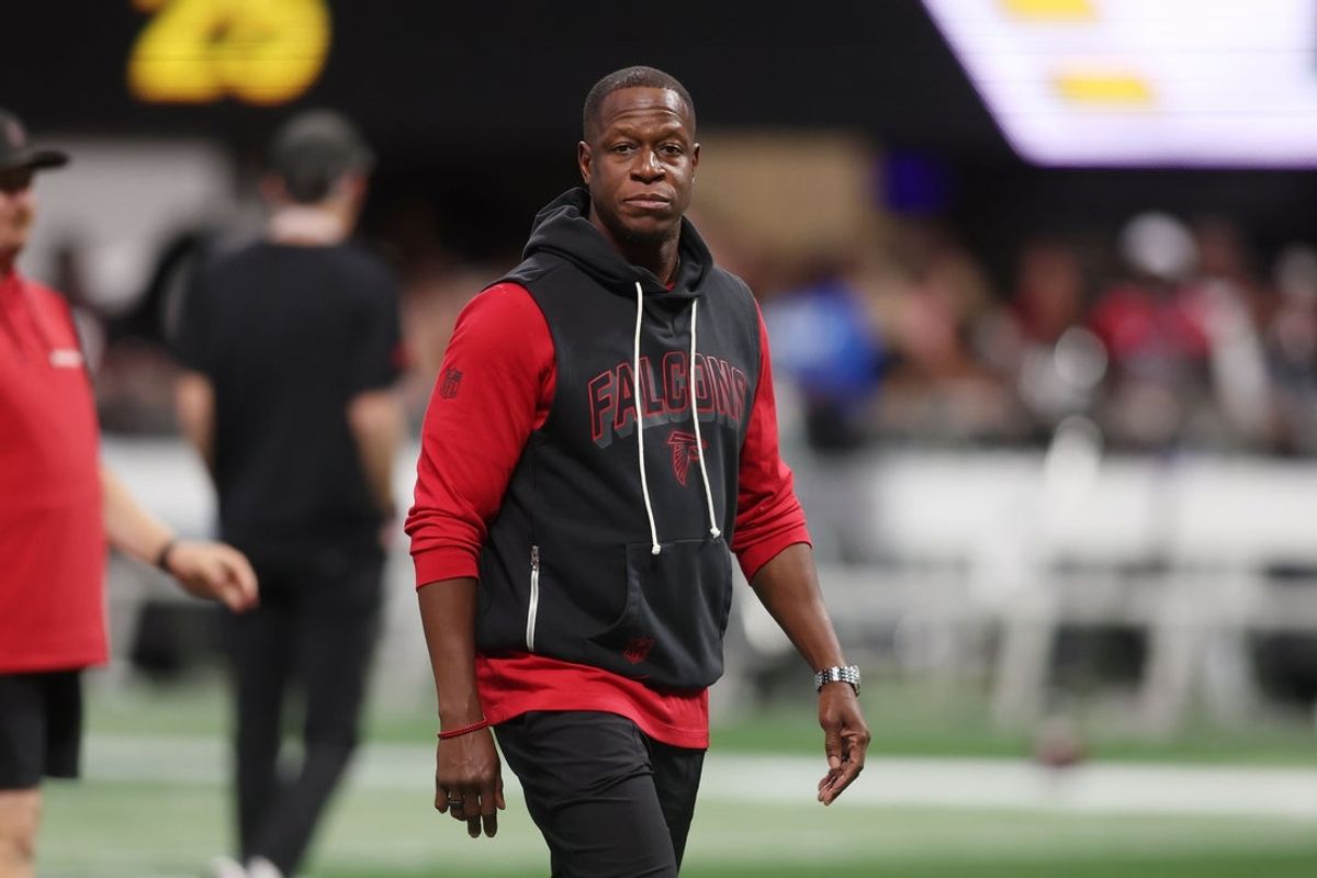 Sep 7, 2025; Atlanta, Georgia, USA; Atlanta Falcons head coach Raheem Morris looks on before the game Atlanta Falcons at Mercedes-Benz Stadium. Mandatory Credit: Brett Davis-Imagn Images