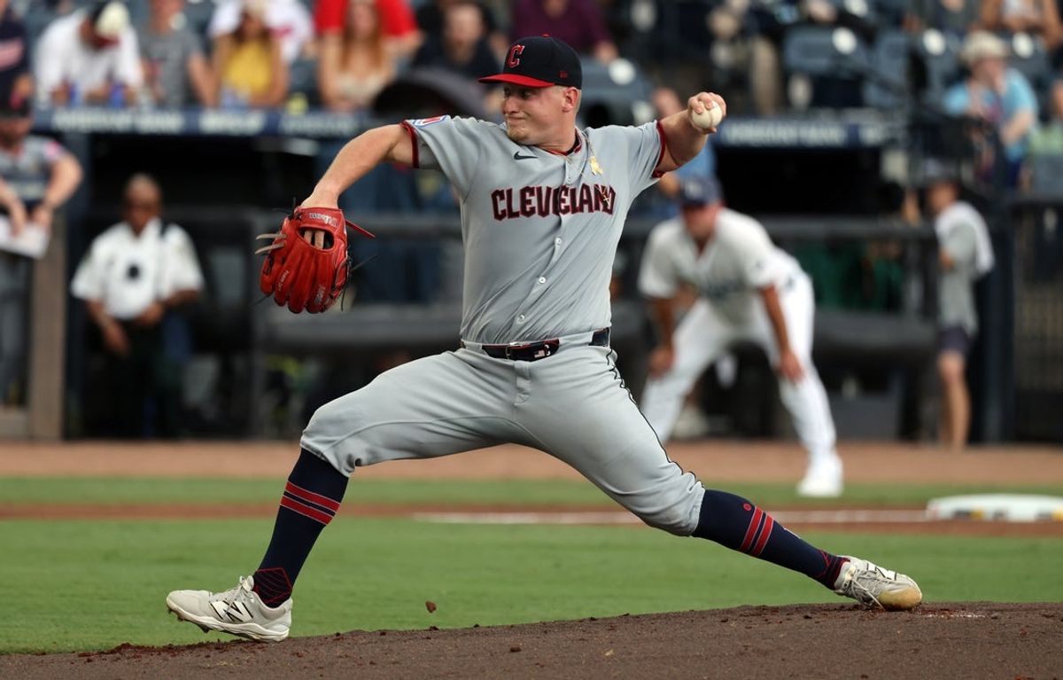 Sep 7, 2025; St. Petersburg, Florida, USA; Cleveland Guardians starting pitcher Parker Messick (77) throws a pitch against the Tampa Bay Rays during the first inning  at George M. Steinbrenner Field. Mandatory Credit: Kim Klement Neitzel-Imagn Images