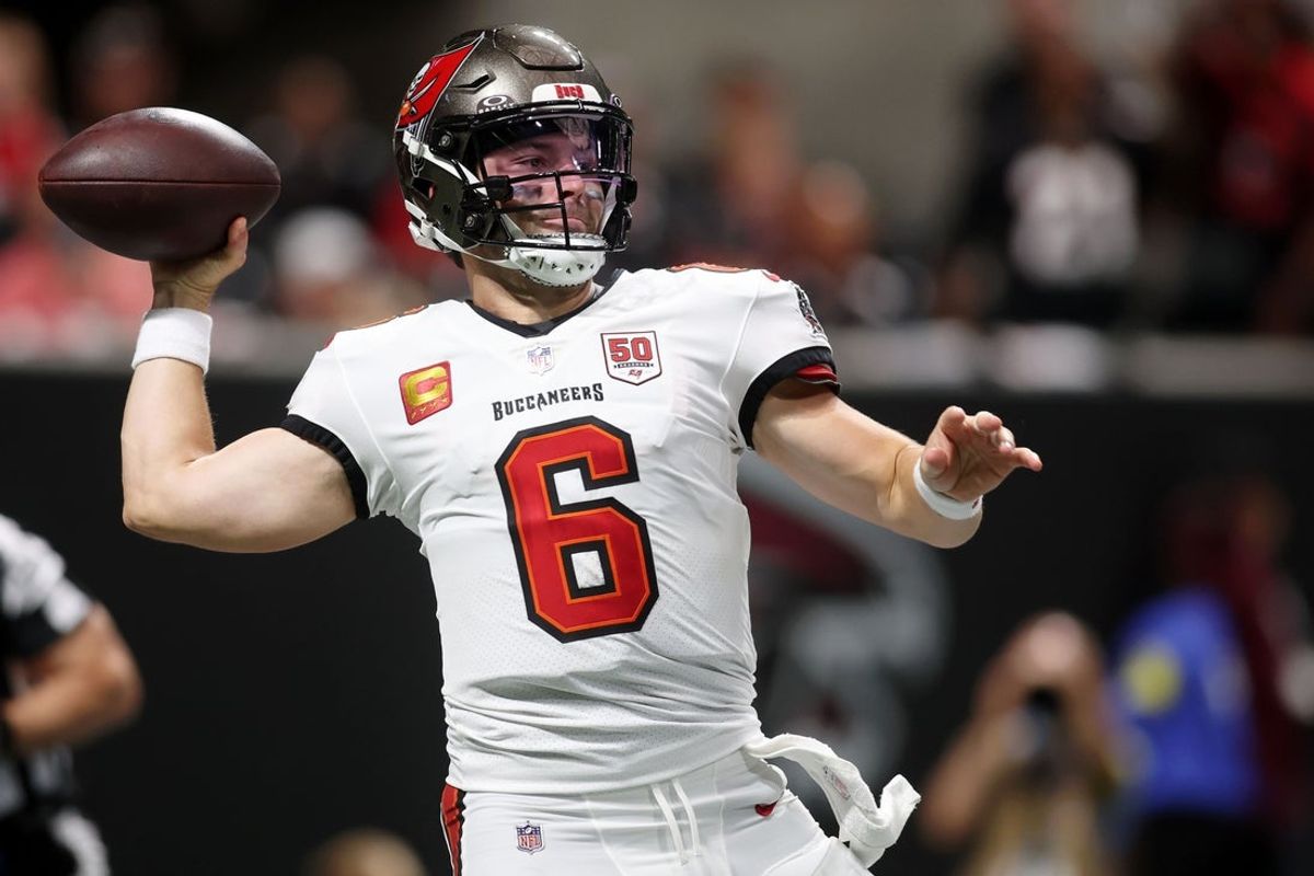 Sep 7, 2025; Atlanta, Georgia, USA; Tampa Bay Buccaneers quarterback Baker Mayfield (6) passes the ball against the Atlanta Falcons during the first quarter at Mercedes-Benz Stadium. Mandatory Credit: Brett Davis-Imagn Images