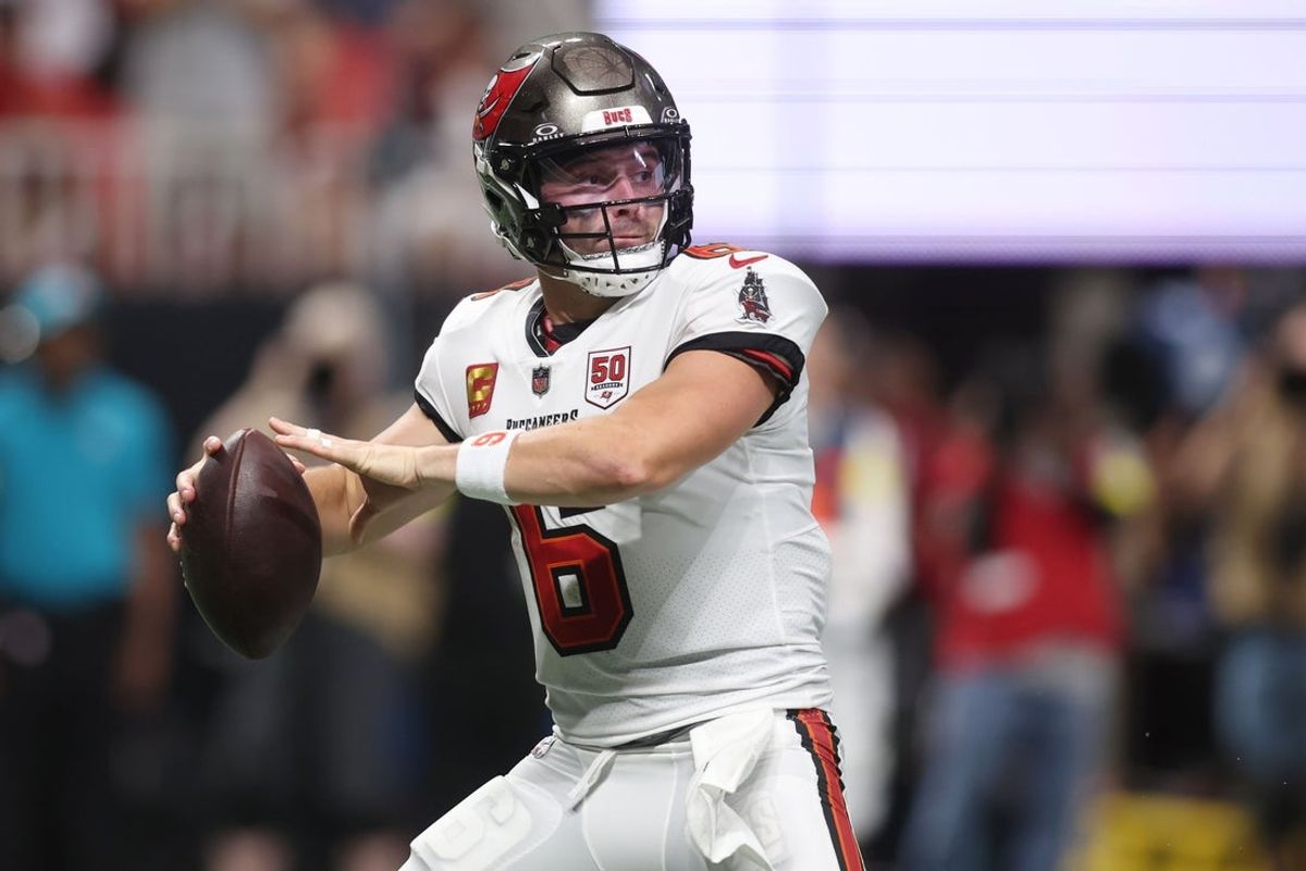Sep 7, 2025; Atlanta, Georgia, USA; Tampa Bay Buccaneers quarterback Baker Mayfield (6) passes the ball against the Atlanta Falcons during the first quarter at Mercedes-Benz Stadium. Mandatory Credit: Brett Davis-Imagn Images