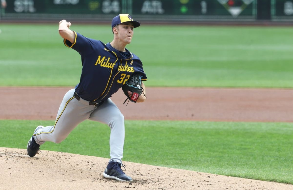 Sep 7, 2025; Pittsburgh, Pennsylvania, USA;  Milwaukee Brewers starting pitcher Jacob Misiorowski (32) delivers a pitch against the Pittsburgh Pirates during the first inning at PNC Park. Mandatory Credit: Charles LeClaire-Imagn Images