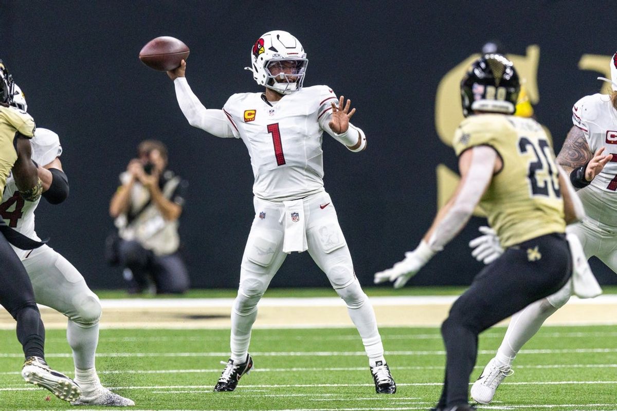 Sep 7, 2025; New Orleans, Louisiana, USA; Arizona Cardinals quarterback Kyler Murray (1) passes against the New Orleans Saints during the first half at Caesars Superdome. Mandatory Credit: Stephen Lew-Imagn Images
