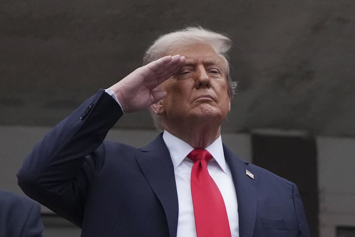Sep 7, 2025; Flushing, NY, USA;  President Donald Trump stands for the National Anthem prior to the final of mens singles at Billie Jean King National Tennis Center. Mandatory Credit: Robert Deutsch-Imagn Images
