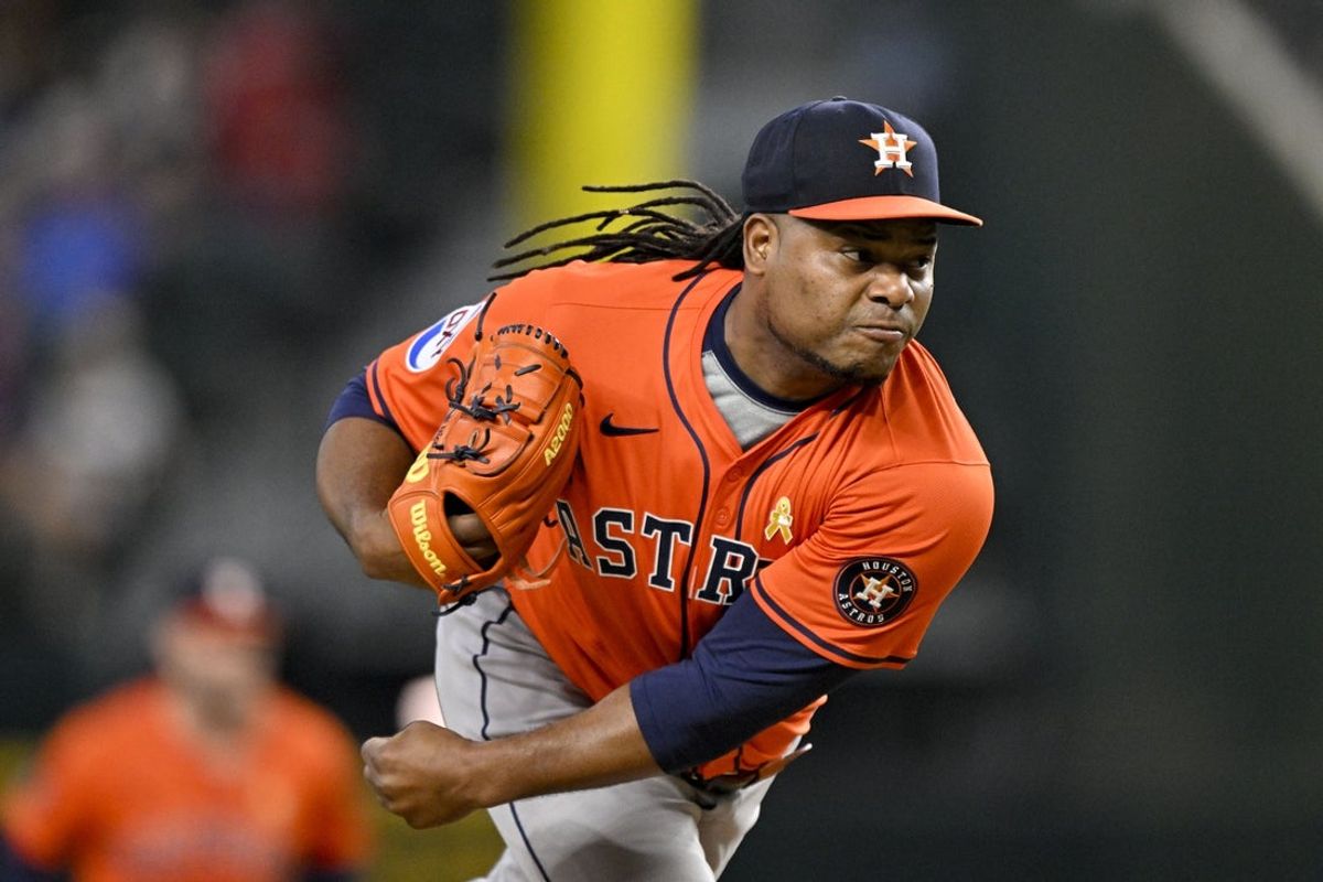 Sep 7, 2025; Arlington, Texas, USA; Houston Astros starting pitcher Framber Valdez (59) pitches against the Texas Rangers during the first inning at Globe Life Field. Mandatory Credit: Jerome Miron-Imagn Images