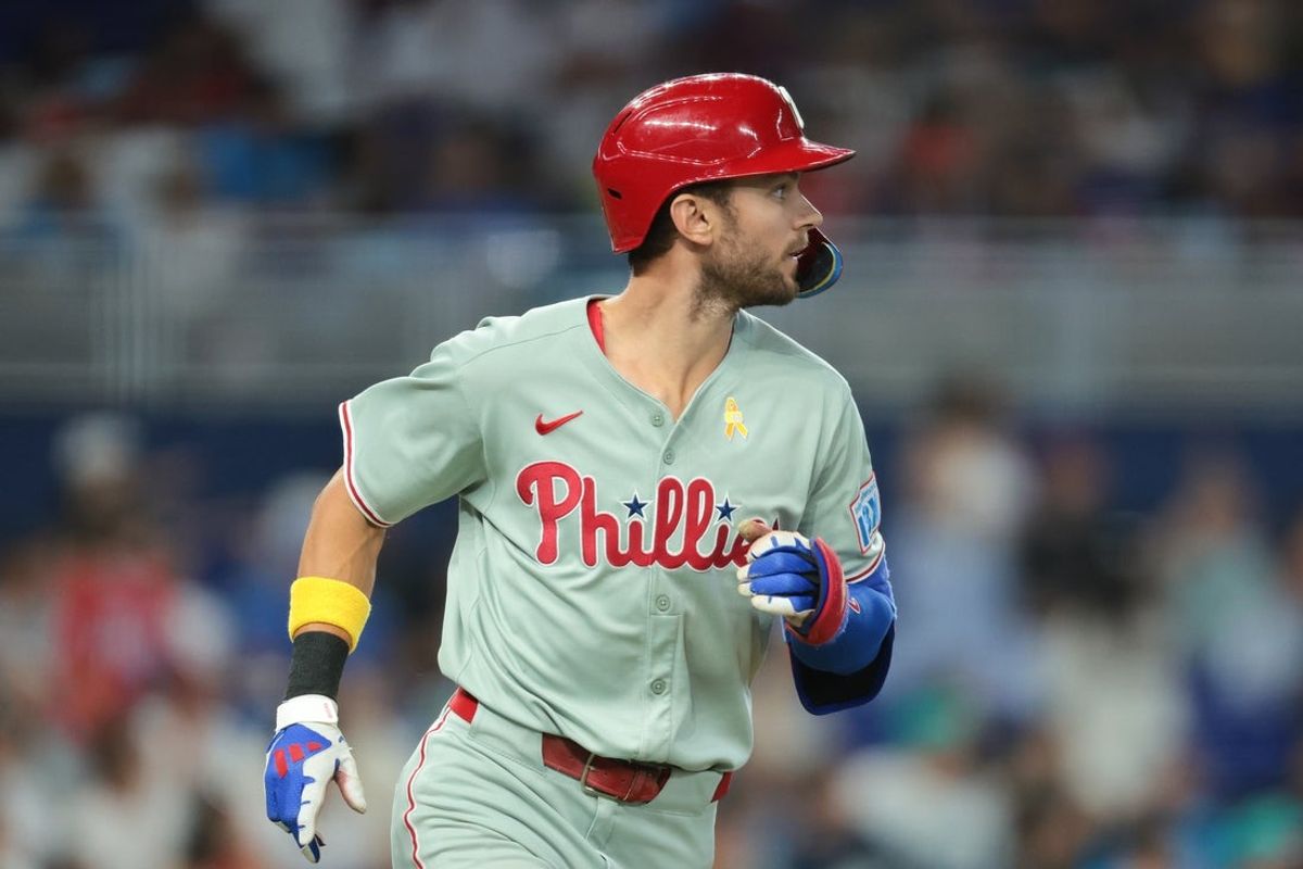 Sep 7, 2025; Miami, Florida, USA; Philadelphia Phillies shortstop Trea Turner (7) circles the bases after hitting a home run against the Miami Marlins during the sixth inning at loanDepot Park. Mandatory Credit: Sam Navarro-Imagn Images