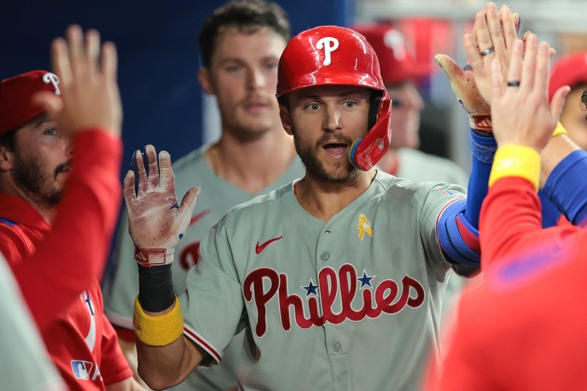 Sep 7, 2025; Miami, Florida, USA; Philadelphia Phillies shortstop Trea Turner (7) celebrates after hitting a home run against the Miami Marlins during the sixth inning at loanDepot Park. Mandatory Credit: Sam Navarro-Imagn Images