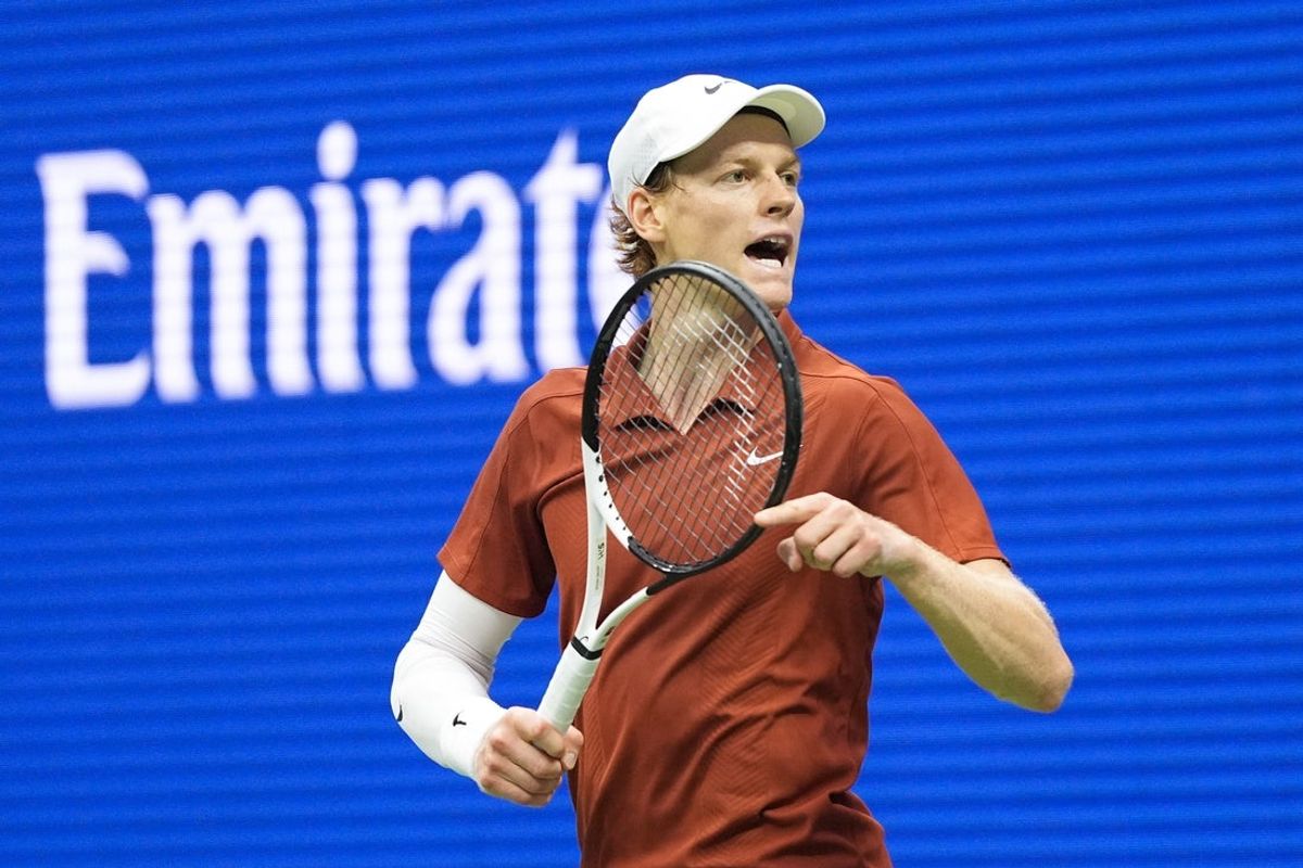 Sep 7, 2025; Flushing, NY, USA;  Jannik Sinner (ITA) reacts against Carlos Alcaraz (ESP) (not pictured) during the final of mens singles at Billie Jean King National Tennis Center. Mandatory Credit: Robert Deutsch-Imagn Images
