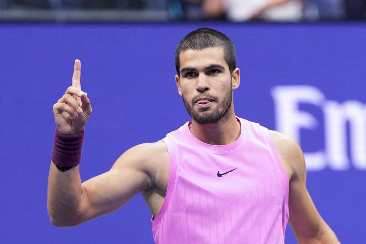 Sep 7, 2025; Flushing, NY, USA;  Carlos Alcaraz (ESP) reacts during the final of mens singles against Jannik Sinner (ITA) (not pictured) at Billie Jean King National Tennis Center. Mandatory Credit: Robert Deutsch-Imagn Images