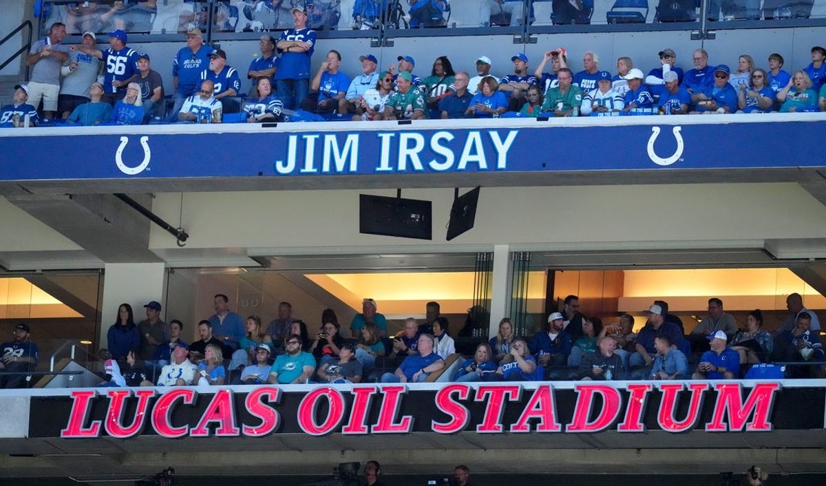 A sign honoring former Indianapolis Colts owner Jim Irsay hangs over the field during the second half of a game against the Miami Dolphins on Sunday, Sept. 7, 2025, at Lucas Oil Stadium in Indianapolis. The Colts defeated the Dolphins 33-8.