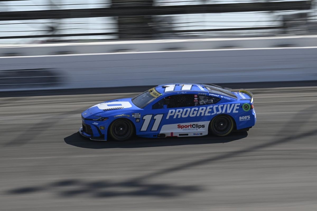 Sep 7, 2025; Madison, Illinois, USA; NASCAR Cup Series driver Denny Hamlin (11) during the Enjoy Illinois 300 at World Wide Technology Raceway. Mandatory Credit: Joe Puetz-Imagn Images