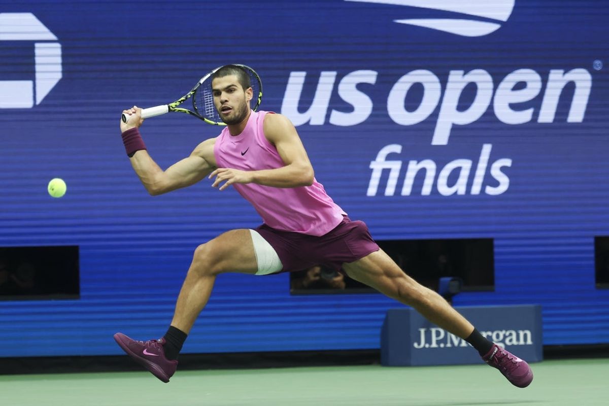 Sep 7, 2025; Flushing, NY, USA;  Carlos Alcaraz (ESP) in action against Jannik Sinner (ITA) (not pictured) during the final of mens singles at Billie Jean King National Tennis Center. Mandatory Credit: Mike Frey-Imagn Images