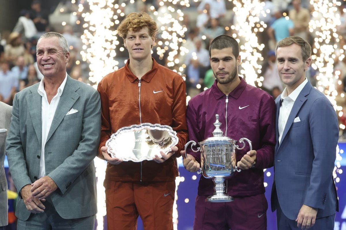 Sep 7, 2025; Flushing, NY, USA;  (from left to right) Former tennis player Ivan Lendl, Jannik Sinner (ITA), Carlos Alcaraz (ESP), and USTA president Brian Vahaly pose for a photo after the final of mens singles at Billie Jean King National Tennis Center. Mandatory Credit: Mike Frey-Imagn Images