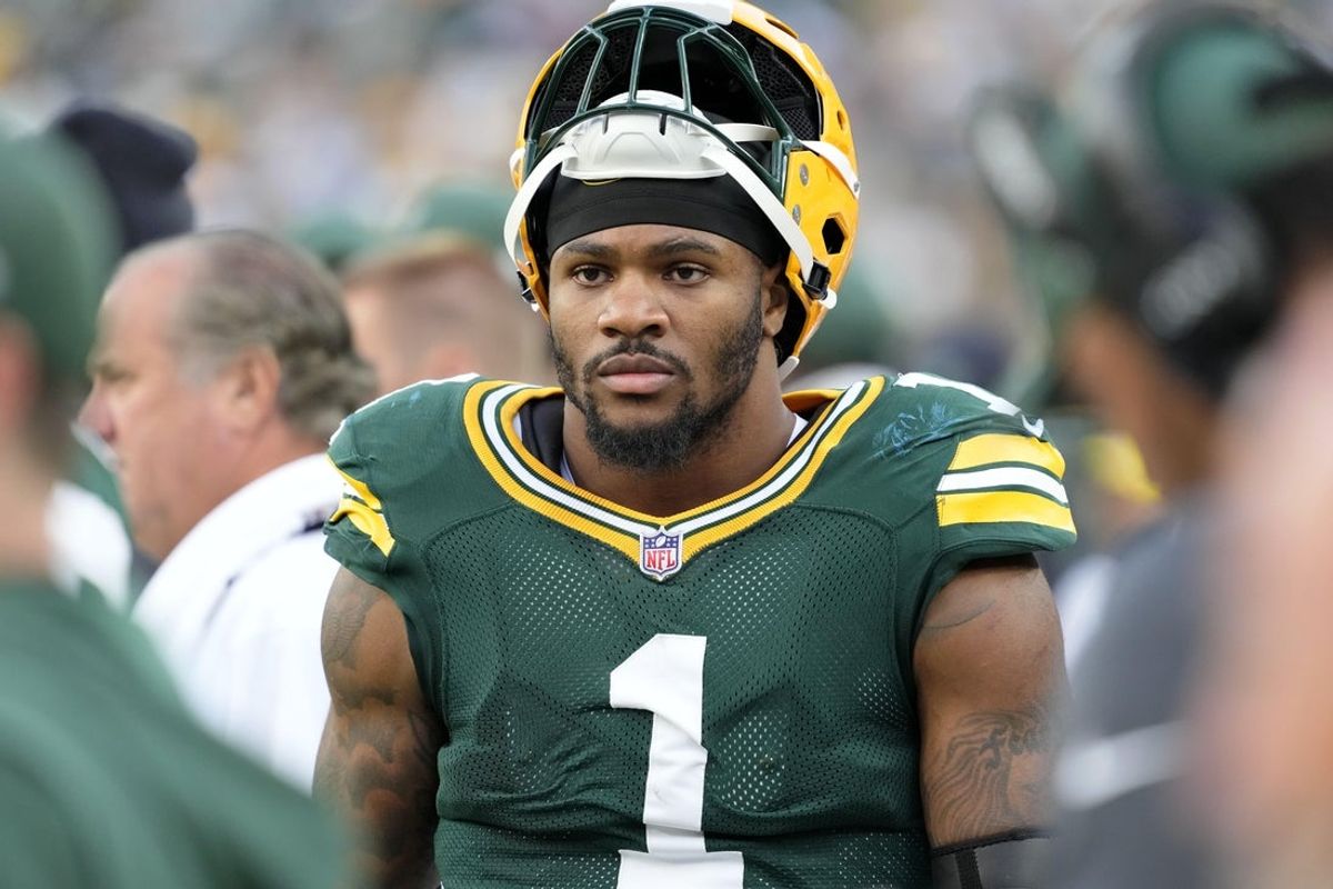 Sep 7, 2025; Green Bay, Wisconsin, USA; Green Bay Packers defensive end Micah Parsons (1) walks on the sideline during the fourth quarter at Lambeau Field. Mandatory Credit: Jeff Hanisch-Imagn Images