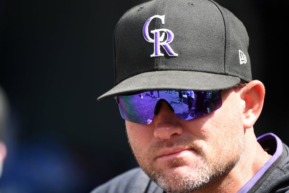 Sep 7, 2025; Denver, Colorado, USA; Colorado Rockies interim manager Warren Schaeffer (34) looks on before the game against the San Diego Padres at Coors Field. Mandatory Credit: Christopher Hanewinckel-Imagn Images