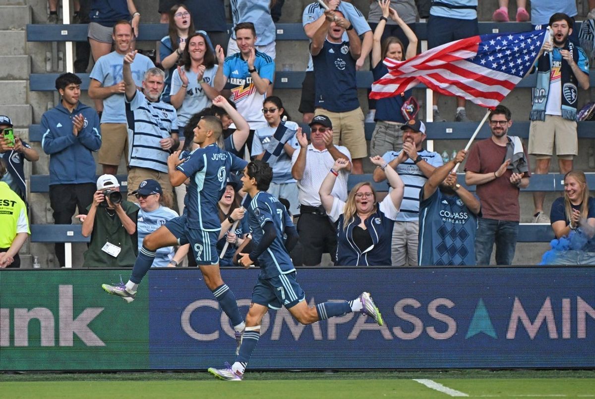 Sep 7, 2025; Kansas City, Kansas, USA;  Sporting Kansas City forward Dejan Joveljic (9) celebrates after scoring on a penalty kick in the first half against Austin FC at Children's Mercy Park. Mandatory Credit: Peter Aiken-Imagn Images