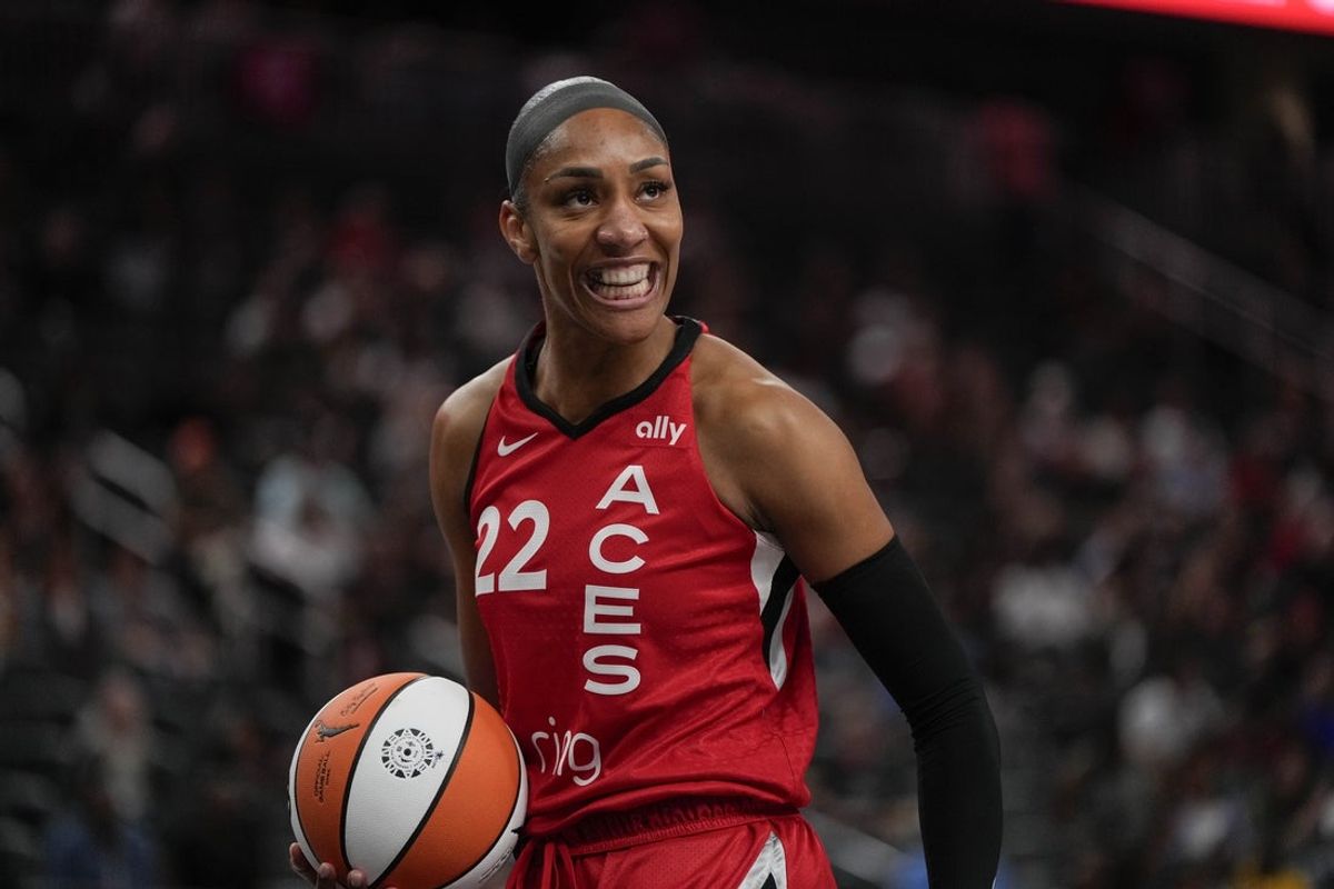 Sep 7, 2025; Las Vegas, Nevada, USA; Las Vegas Aces center A'ja Wilson (22) competes against the Chicago Sky during the first half of a WNBA basketball game at T-Mobile Arena. Mandatory Credit: Lucas Peltier-Imagn Images