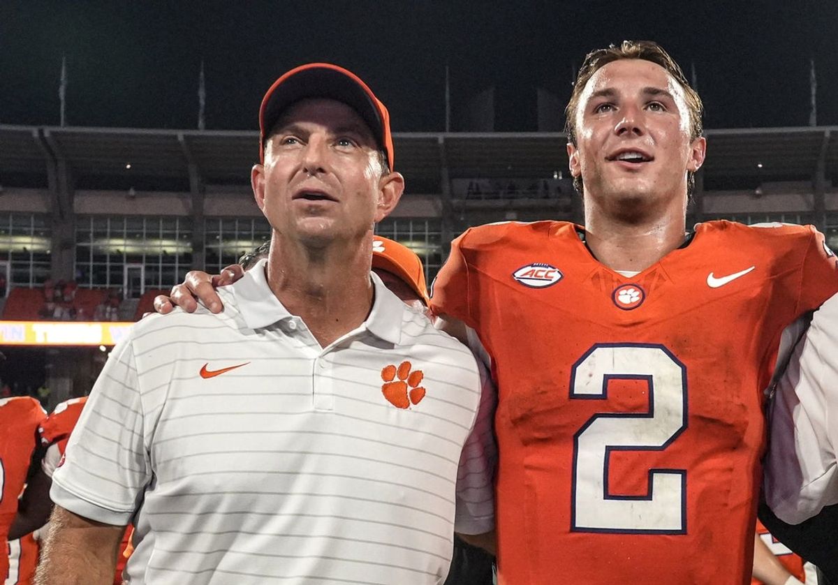 Clemson head coach Dabo Swinney, left, and quarterback Cade Klubnik (2) after the game with Troy at Memorial Stadium Saturday, September 6, 2025 in Clemson, S.C.