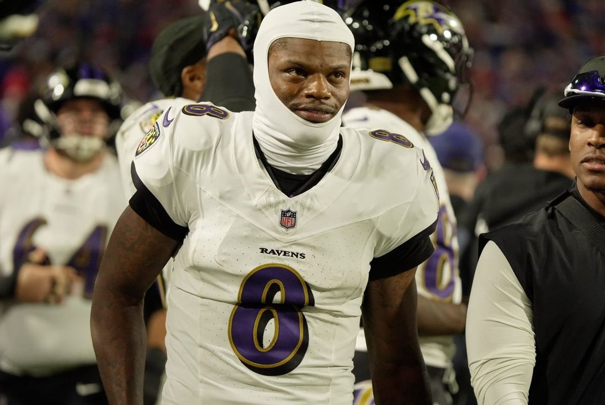 Baltimore Ravens quarterback Lamar Jackson gets ready to take the field during the second half of their game against the Baltimore Ravens at Highmark Stadium in Orchard Park on Sept. 7, 2025.