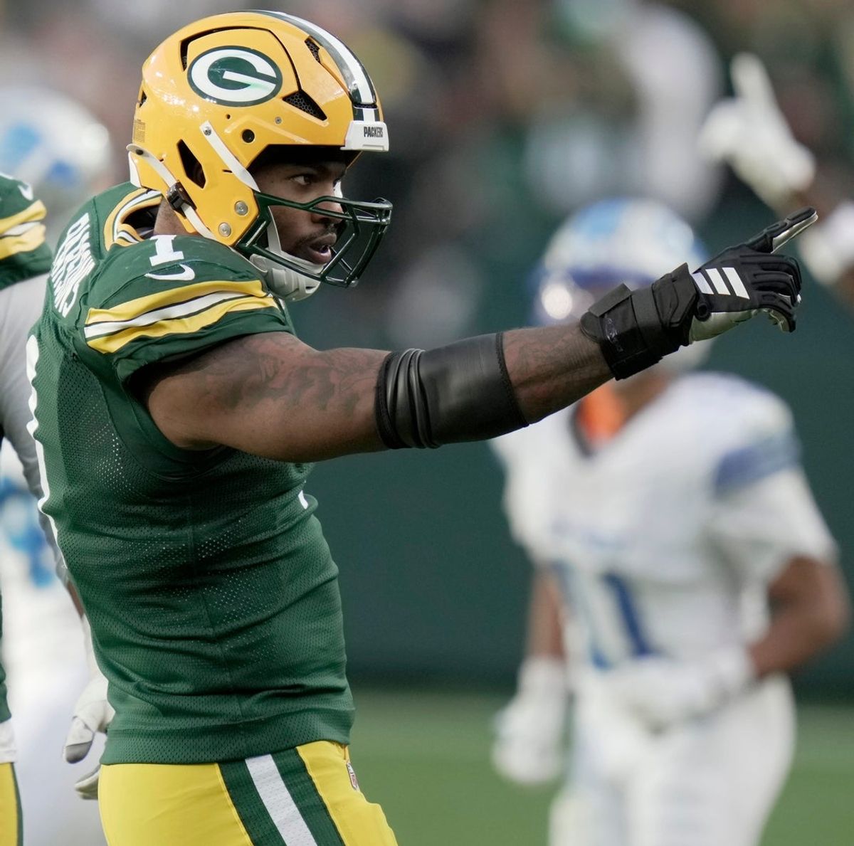Green Bay Packers defensive end Micah Parsons (1) is shown after making a sack during the fourth quarter of their game Sunday, September 7, 2025 at Lambeau Field in Green Bay, Wisconsin. The Green Bay Packers beat the Detroit Lions 27-13.