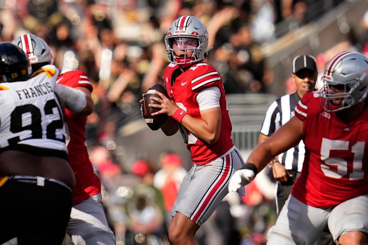 Ohio State Buckeyes quarterback Julian Sayin (10) looks to pass during the first half of the NCAA football game against the Grambling State Tigers at Ohio Stadium on Sept. 6, 2025.