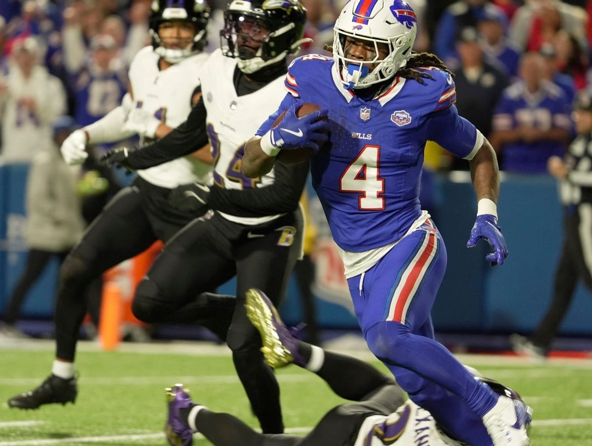 Buffalo Bills running back James Cook carries the ball almost into the end zone on this plus 10-yard carry during the second half of their game against the Baltimore Ravens at Highmark Stadium in Orchard Park on Sept. 7, 2025.