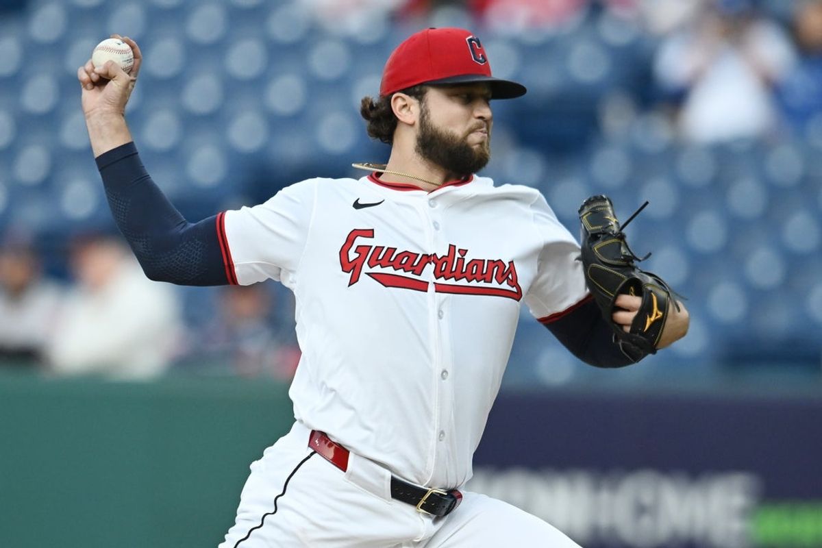 Sep 8, 2025; Cleveland, Ohio, USA; Cleveland Guardians starting pitcher Slade Cecconi (44) throws a pitch against the Kansas City Royals during the first inning at Progressive Field. Mandatory Credit: Ken Blaze-Imagn Images