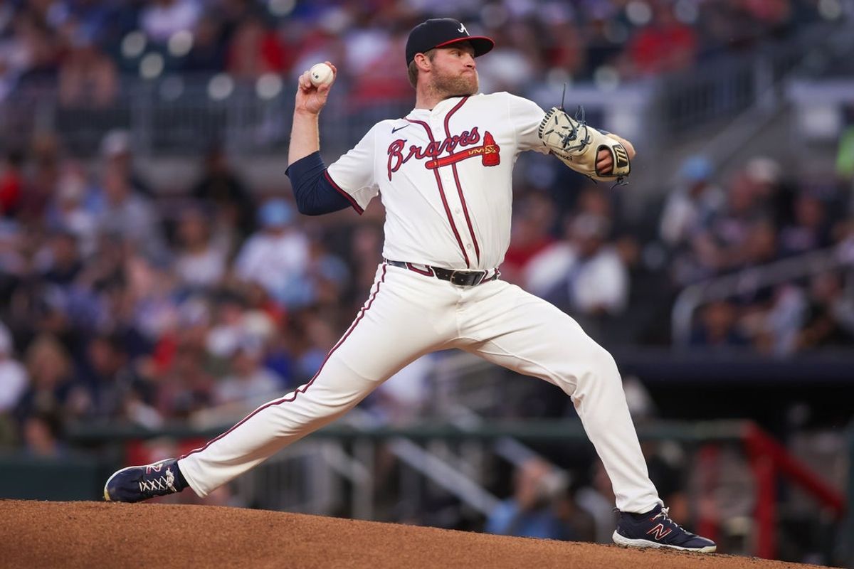 Sep 8, 2025; Atlanta, Georgia, USA; Atlanta Braves starting pitcher Bryce Elder (55) throws against the Chicago Cubs in the third inning at Truist Park. Mandatory Credit: Brett Davis-Imagn Images
