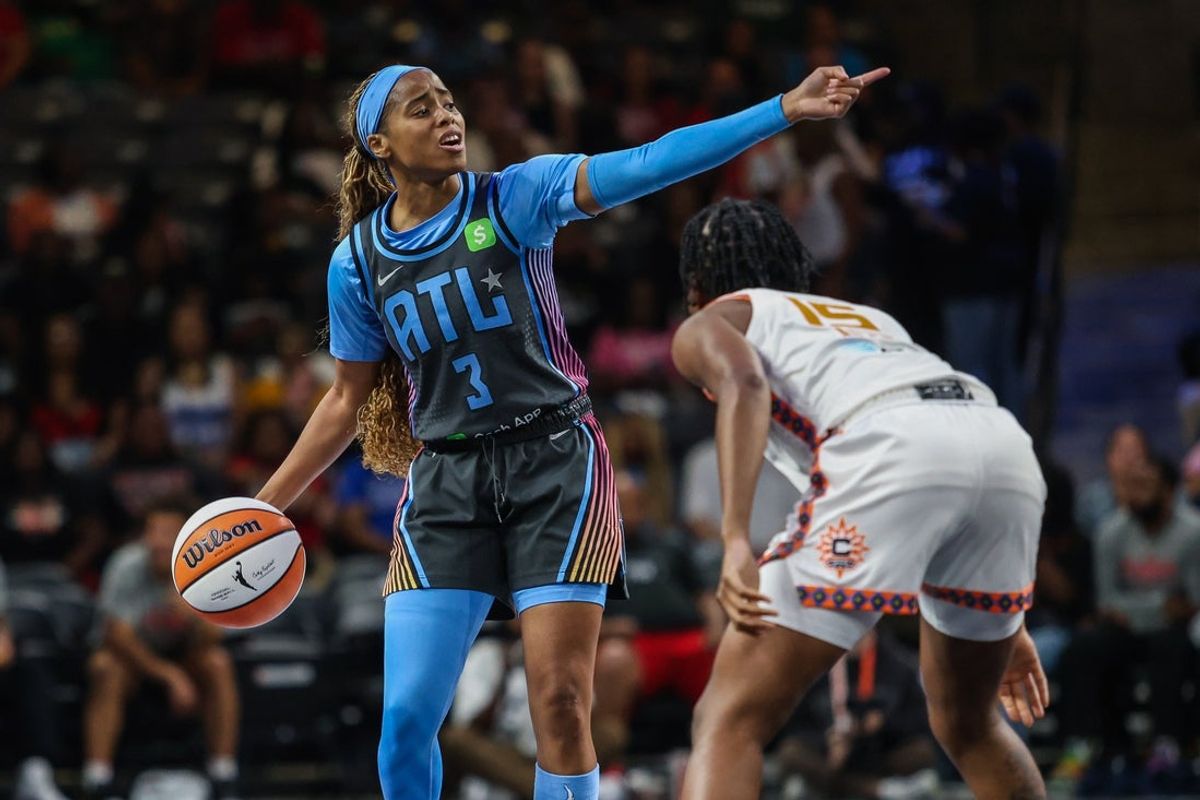 Sep 8, 2025; College Park, Georgia, USA; Atlanta Dream guard Jordin Canada (3) looks for a play against Connecticut Sun guard Lindsay Allen (15) during the first quarter at Gateway Center Arena at College Park. Mandatory Credit: Jordan Godfree-Imagn Images