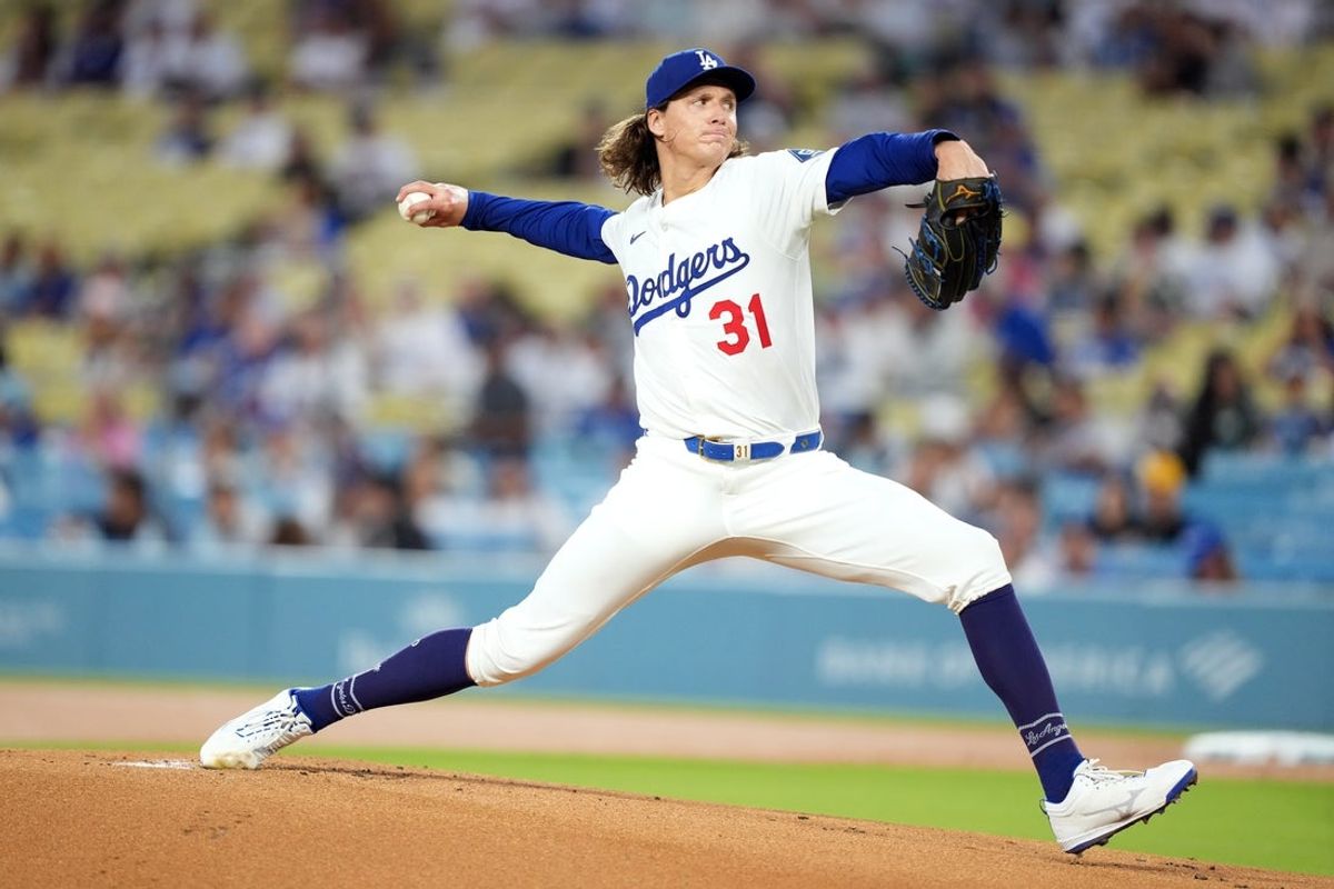 Sep 8, 2025; Los Angeles, California, USA; Los Angeles Dodgers pitcher Tyler Glasnow (31) pitches in the first inning against the Colorado Rockies at Dodger Stadium. Mandatory Credit: Kirby Lee-Imagn Images