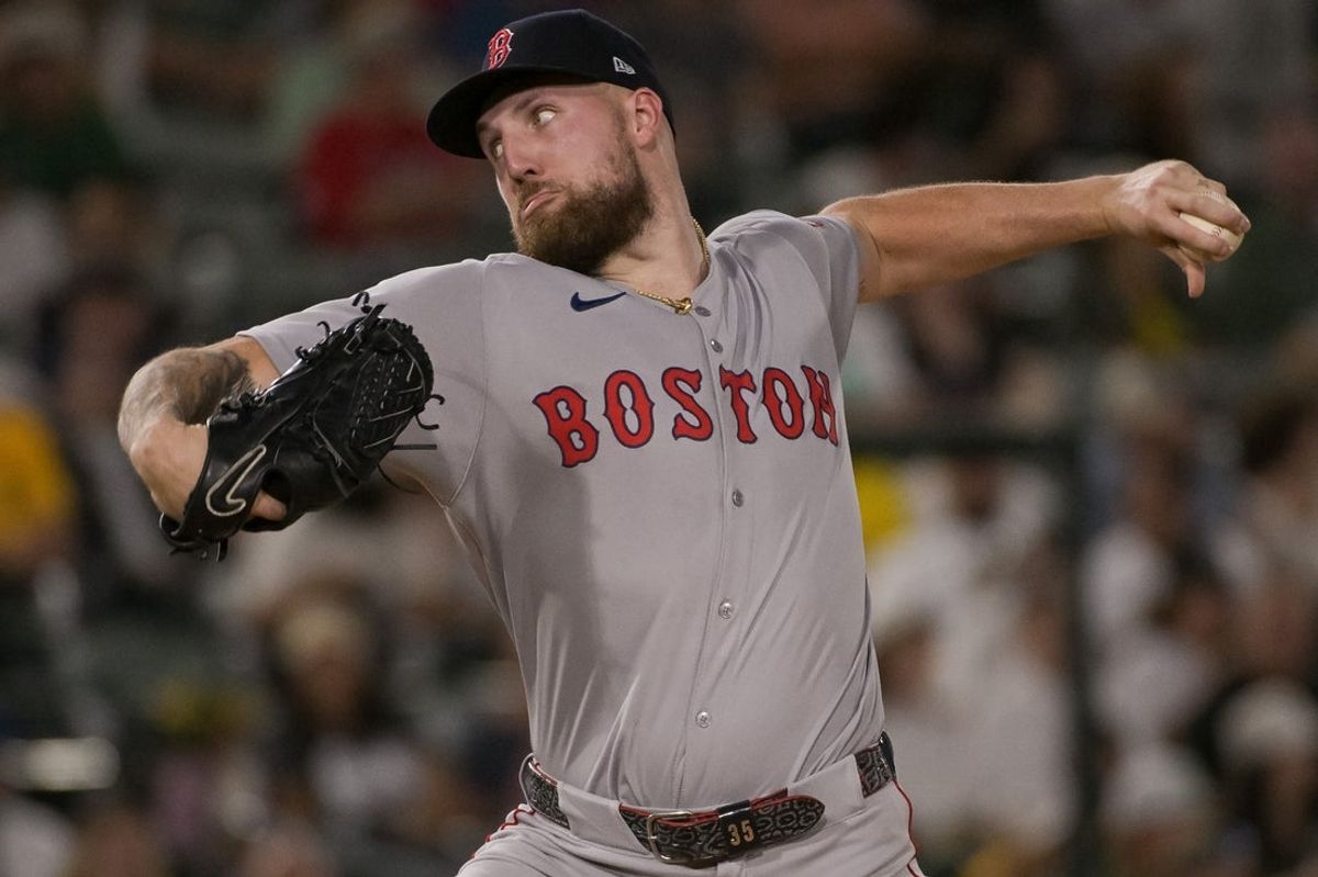 Sep 8, 2025; West Sacramento, California, USA; Boston Red Sox pitcher Garrett Crochet (35) throws a pitch against the Athletics during the third inning at Sutter Health Park. Mandatory Credit: Ed Szczepanski-Imagn Images