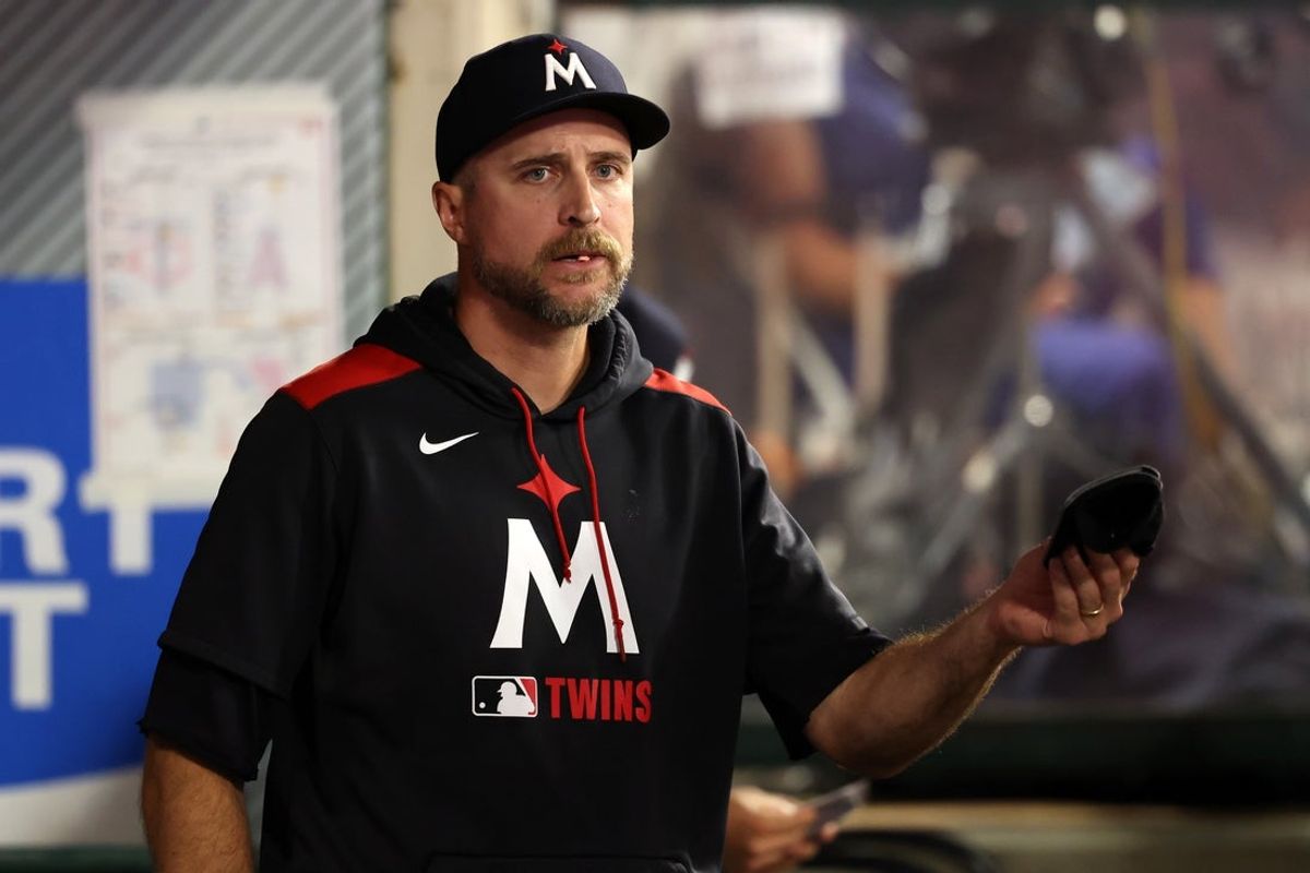 Sep 8, 2025; Anaheim, California, USA;  Minnesota Twins manager Rocco Baldelli (5) looks on in the dugout during the seventh inning against the Los Angeles Angels at Angel Stadium. Mandatory Credit: Kiyoshi Mio-Imagn Images