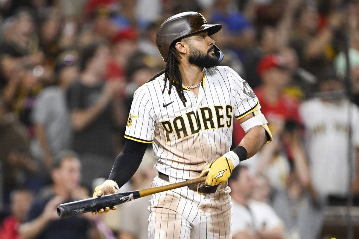 Sep 8, 2025; San Diego, California, USA; San Diego Padres right fielder Fernando Tatis Jr. (23) hits a walk-off sacrifice fly during the tenth inning against the Cincinnati Reds at Petco Park. Mandatory Credit: Denis Poroy-Imagn Images