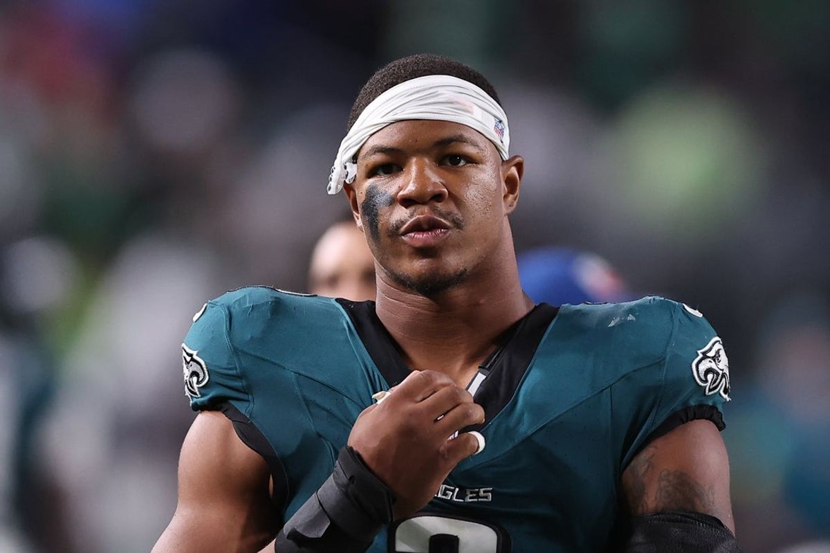 Sep 4, 2025; Philadelphia, Pennsylvania, USA; Philadelphia Eagles linebacker Nolan Smith Jr. (3) against the Dallas Cowboys at Lincoln Financial Field. Mandatory Credit: Bill Streicher-Imagn Images
