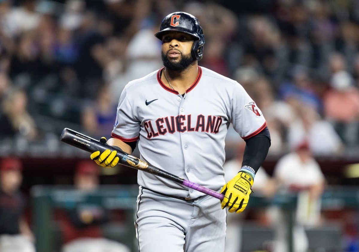Aug 19, 2025; Phoenix, Arizona, USA; Cleveland Guardians first baseman Carlos Santana against the Arizona Diamondbacks at Chase Field. Mandatory Credit: Mark J. Rebilas-Imagn Images