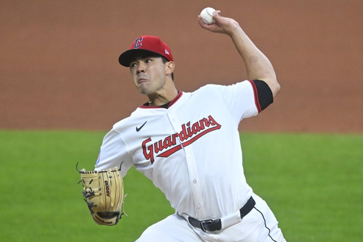 Sep 9, 2025; Cleveland, Ohio, USA; Cleveland Guardians starting pitcher Joey Cantillo (54) delivers a pitch in the fourth inning against the Kansas City Royals at Progressive Field. Mandatory Credit: David Richard-Imagn Images