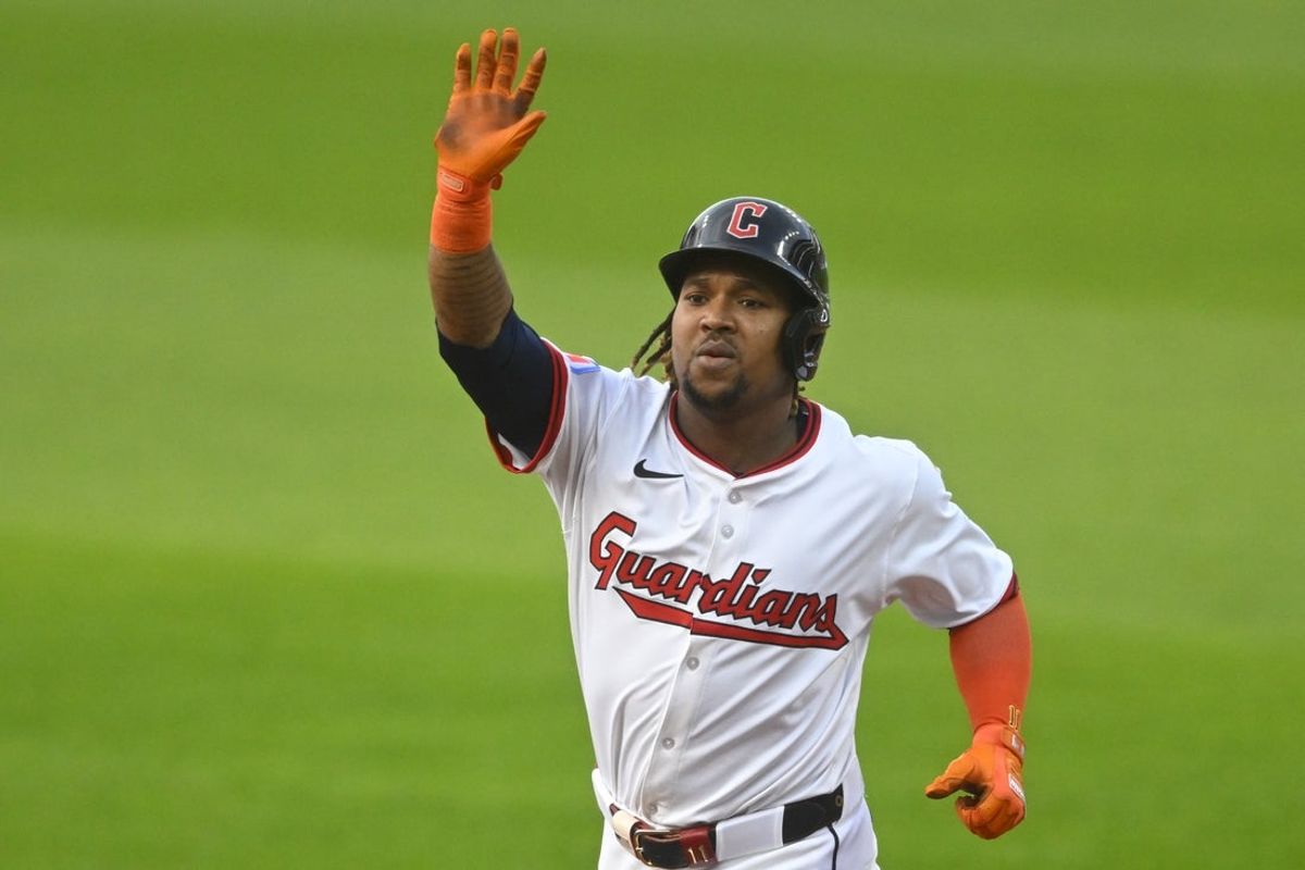 Sep 9, 2025; Cleveland, Ohio, USA; Cleveland Guardians third baseman Jose Ramirez (11) celebrates his solo home run in the first inning against the Kansas City Royals at Progressive Field. Mandatory Credit: David Richard-Imagn Images
