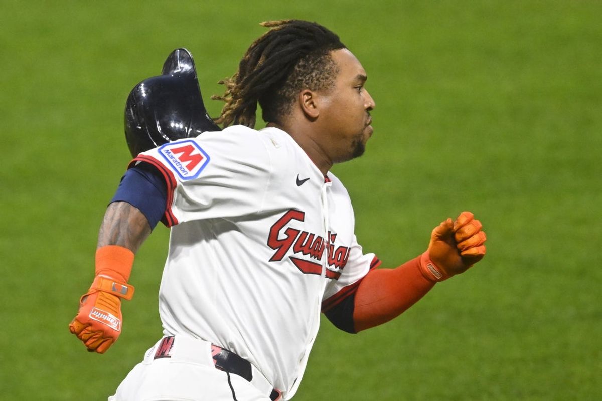 Sep 9, 2025; Cleveland, Ohio, USA; Cleveland Guardians third baseman Jose Ramirez (11) runs the bases on his single in the sixth inning against the Kansas City Royals at Progressive Field. Mandatory Credit: David Richard-Imagn Images