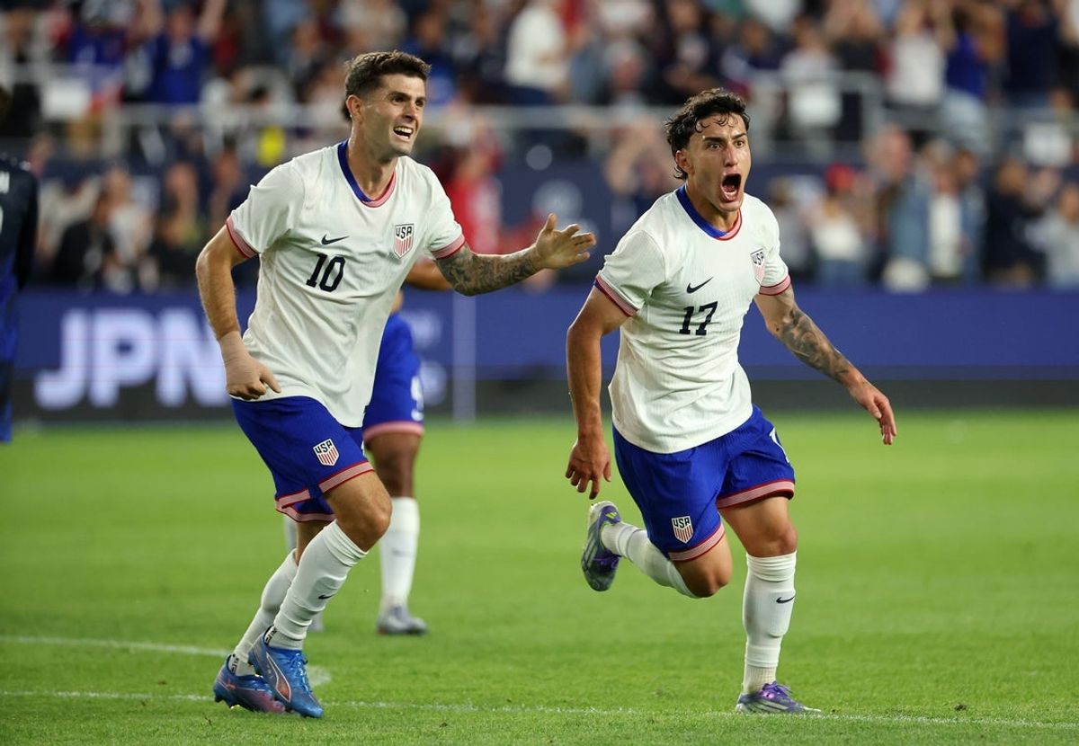 Sep 9, 2025; Columbus, Ohio, USA;  US Men's National Team forward Alejandro Zendejas (17) celebrates his goal with Christian Pulisic (10) during the first half against Japan at Lower.com Field. Mandatory Credit: Joseph Maiorana-Imagn Images