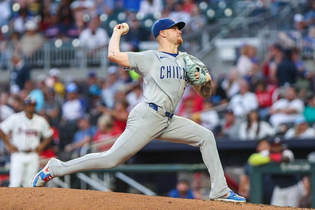 Sep 9, 2025; Cumberland, Georgia, USA; Chicago Cubs pitcher Cade Horton (22) pitches the ball against the Atlanta Braves during the second inning at Truist Park. Mandatory Credit: Jordan Godfree-Imagn Images